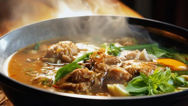 Spotlight on a steaming bowl of indonesian soto ayam with noodles and vegetables, the camera pans left to right, fried shallots and crispy topping are visible
