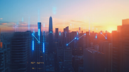 Abstract business man stands on the peak of success amid tall, innovative Smart city and graphs with statistics to analyze business potential and predict future developments in company growth.