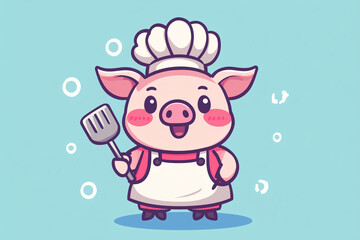 Fototapeta premium Cute pig chef cartoon holding spatula on blue background