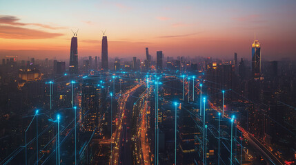 Fototapeta premium Abstract business man stands on the peak of success amid tall, innovative Smart city and graphs with statistics to analyze business potential and predict future developments in company growth.