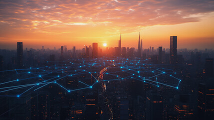 Abstract business man stands on the peak of success amid tall, innovative Smart city and graphs with statistics to analyze business potential and predict future developments in company growth.