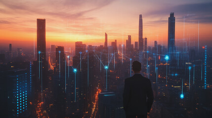 Abstract business man stands on the peak of success amid tall, innovative Smart city and graphs with statistics to analyze business potential and predict future developments in company growth.