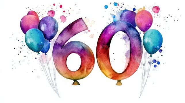 A joyful 60th birthday celebration illustration on a clean white backdrop.
