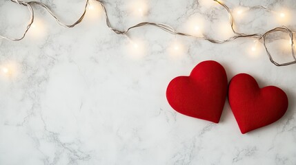 Two red hearts rest on a white background, surrounded by blurred warm lights, creating a romantic and festive atmosphere for love