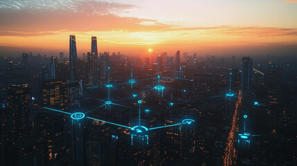 Fototapeta premium Abstract business man stands on the peak of success amid tall, innovative Smart city and graphs with statistics to analyze business potential and predict future developments in company growth.