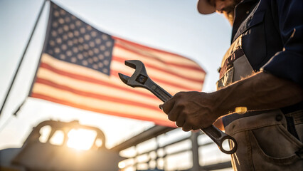  A mechanic holding a wrench with the US flag waving in the background. Represents labor, patriotism, and industry. Labor day