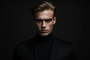 Obraz premium man in a black suit and a black shirt with a dark hair. He is looking at the camera with a serious expression