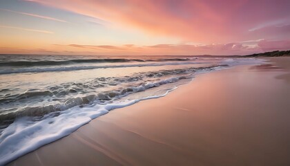Obraz premium Serene Coastal Sunset: Pink Hues and Gentle Waves