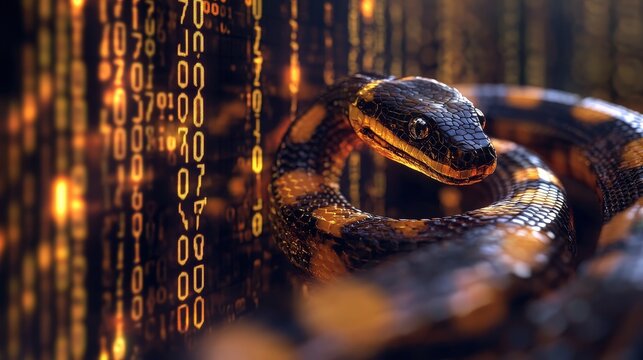 Exploring the visual representation of Python programming through a snake and code.