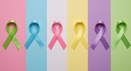Colorful representation of awareness and causes. Multiple awareness ribbons in vibrant colors on bold backgrounds symbolizing unity, prevention, and recognition of diverse health initiatives