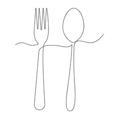 Fork and spoon in one continuous line. One line drawing, minimalism. Vector illustration.
