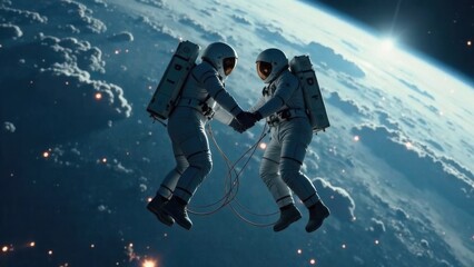 A futuristic setting in which two astronauts are floating in space, tethered to the same ship. High quality photo