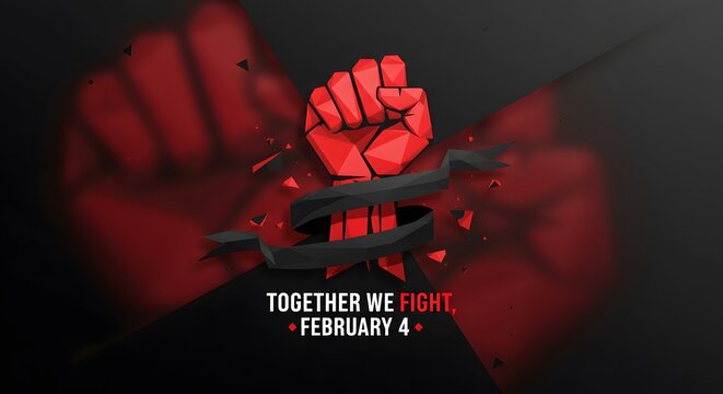 Powerful design featuring a vibrant red fist and black ribbon, emphasizing strength and unity in the fight against cancer, ideal for February 4 health event