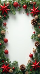 Fototapeta premium Christmas wreath with pine cones, red and gold ornaments and stars