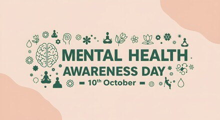 Mental health awareness day design with brain icon and calming green theme promoting mental wellness and mindfulness message