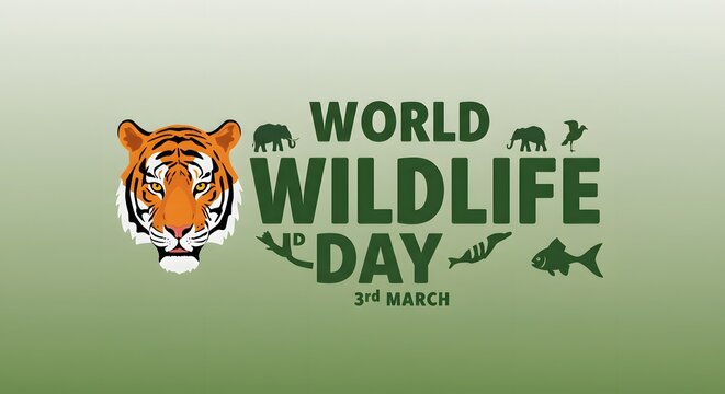 Wildlife conservation message on world wildlife day with tiger face and silhouettes of animals highlighting biodiversity and nature protection