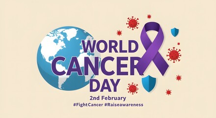 Cancer awareness day illustration with globe and purple ribbon promoting unity and prevention message on minimal light background