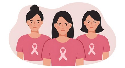 Fototapeta premium Minimalistic vector illustration featuring three women in pink shirts adorned with breast cancer awareness ribbons, symbolizing solidarity, awareness, and hope