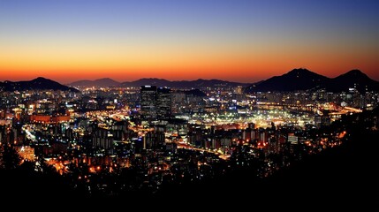 Cityscape twilight panorama, Asian city lights, mountains, travel