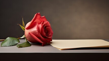 single rose flower and sheet of blank paper on the table 