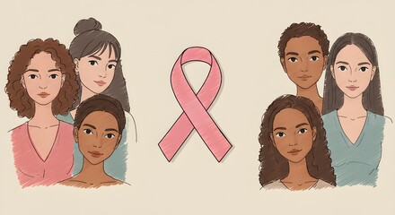 Diverse women in vibrant illustration for breast cancer awareness campaign showing empowerment and unity symbolized by the pink ribbon in a heartwarming artistic representation of health advocacy
