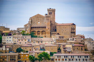 Overview of the town of Ujue in the autonomous community of Nacarra, with the fortress church of...