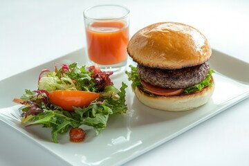 A gourmet burger served with a fresh side salad and a glass of juice.