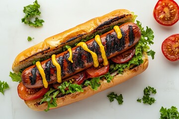 Grilled sausage in a toasted bun with lettuce, tomato, and mustard.