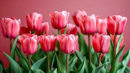 Fototapeta premium Row of pink tulips are arranged in a row on a pink background. The flowers are in full bloom and are the perfect addition to any room, mother's day concept