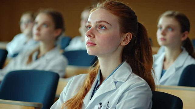 Students engaged in a lecture at a medical school auditorium during the daytime