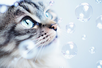 A close-up of a cat's face with striking blue eyes, surrounded by floating bubbles. The cat has a fluffy coat and a curious expression, creating a whimsical atmosphere.