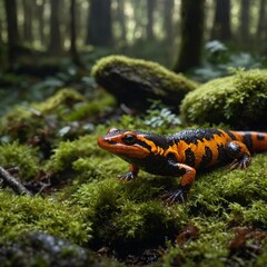 Obraz premium Amphibien - Schwarz-gelbes Amphibium im Herbstwald. Stillness in Nature: The Jollyville Plateau Salamander’s Oasis. An orange-black lizard sitting on a stone by the river 