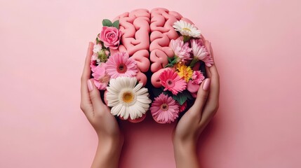 Emphasizing self-care and mental health through the imagery of a floral brain.