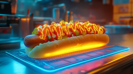 A glowing hot dog with radiant condiments served in a futuristic diner 