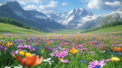 Obraz premium Breathtaking view of colorful blooms complemented by towering mountain peaks.
