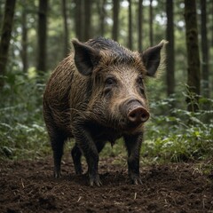 wild boar pig wildlife animal in the woods. A gentle doe grazing in a forest clearing, with the sun streaming through the trees. wild boar pig wildlife animal in the forest
