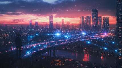 Fototapeta premium Abstract business man stands on the peak of success amid tall, innovative Smart city and graphs with statistics to analyze business potential and predict future developments in company growth.