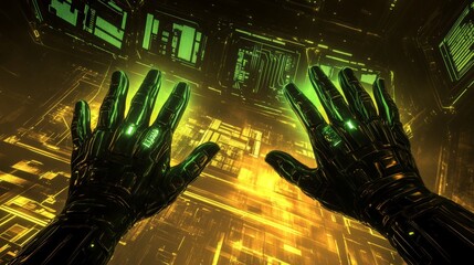 A pair of green hands are shown in a computer screen. The hands are in a green color and are pointing at something. The image has a futuristic and technological vibe to it