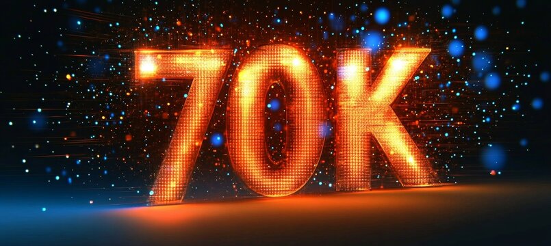 Glowing Digital 3D Number 70k in Futuristic Style on Abstract Background Representing Online Success