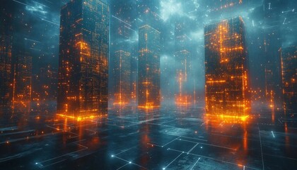 Fototapeta premium A futuristic underwater scene where glowing data vaults are submerged in a digital ocean of flowing information streams and firewall barriers, Data Vaults in the Digital Ocean