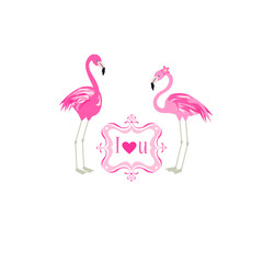 Funny flamingo pair with love message for Valentine's day or Wedding card, sticker, speech bubble, label, social media, poster design isolated on white background. Part 4.eps