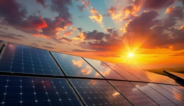 The solar panels light up at sunset. The concept of green energy.