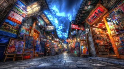 Fototapeta premium Colorful Asian alleyway, vibrant shops, dramatic sky, nighttime scene, travel