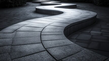 Winding stone pathway, curving design, outdoor, monochrome.