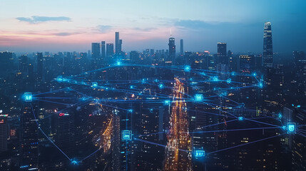 Fototapeta premium Abstract business man stands on the peak of success amid tall, innovative Smart city and graphs with statistics to analyze business potential and predict future developments in company growth.