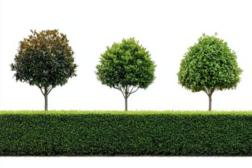 A row of four distinct well-manicured trees each with unique shapes and foliage standing tall above a uniform hedge