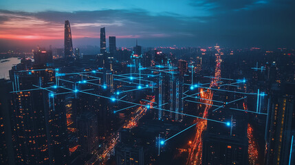 Fototapeta premium Abstract business man stands on the peak of success amid tall, innovative Smart city and graphs with statistics to analyze business potential and predict future developments in company growth.