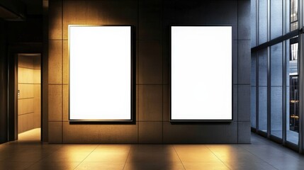 Two template frames showcased on the wall of a lift.