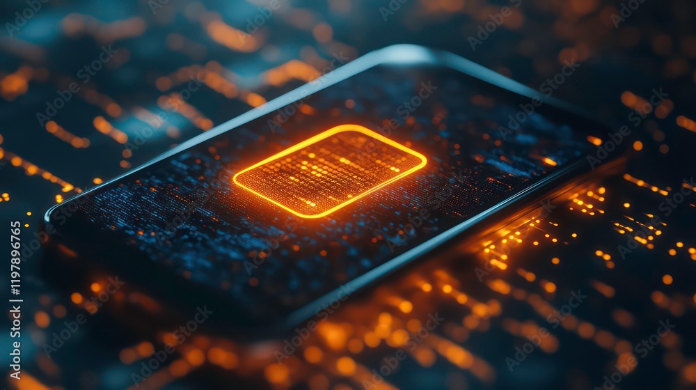 Leinwandbilder glowing digital code displayed on a smartphone screen, resting on a circuit board.