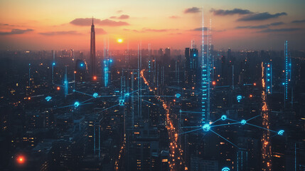 Abstract business man stands on the peak of success amid tall, innovative Smart city and graphs with statistics to analyze business potential and predict future developments in company growth.